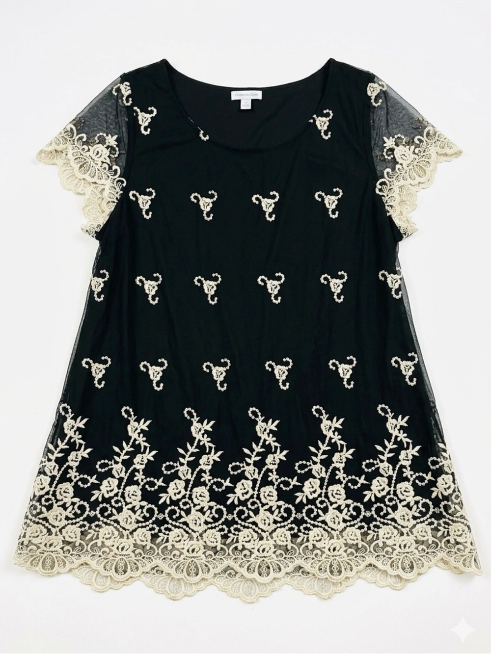 Charter Club Black Tunic with Ivory Floral Lace Embroidered Old Money, 2X